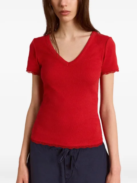 DAMSON MADDER Paige lace-trim V-neck T-shirt Red PF26DM3904