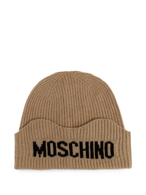 Moschino logo-intarsia ribbed-knit beanie hat Brown 65473M3469