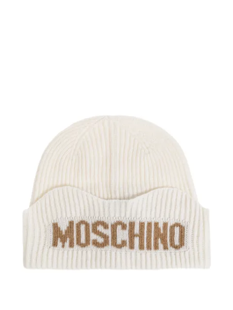 Moschino logo-intarsia ribbed-knit beanie hat Neutrals 65473M3469