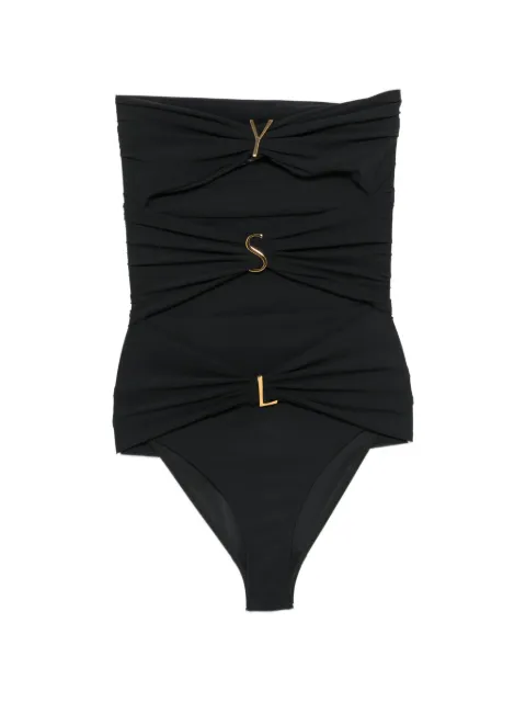 Saint Laurent logo-plaque gathered swimsuit Black A003I3Y37WV