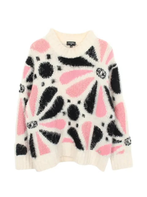 CHANEL Pre-Owned 1986-1988 Coco Mark floral-pattern sweater White 1094284