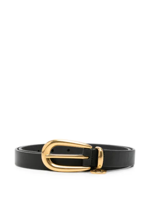 Saint Laurent Cassandre charm elongated buckle thin belt in leather Black A002NLAAGLS