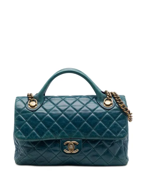 CHANEL Pre-Owned 2014 Medium Glazed Calfskin Castle Rock Top Handle Flap satchel Blue T1WJ3PS54E3WAVII