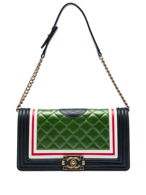 CHANEL Pre-Owned 2015-2016 Multicolor Quilted Lambskin Crest East West Boy Flap shoulder bag Green YWQWV6PBW95RVFBL