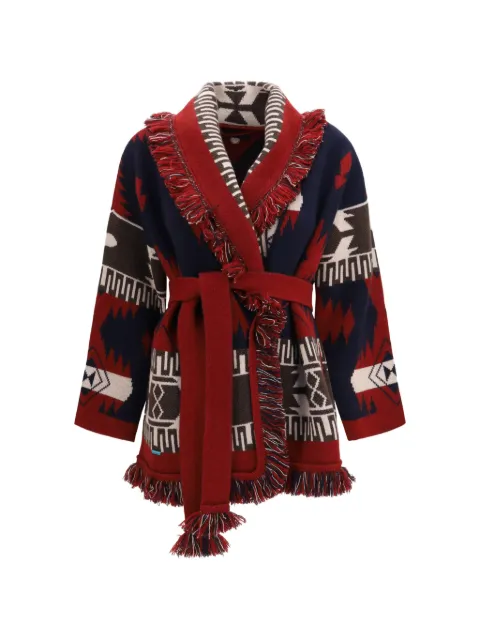 Alanui fringe-trimmed jacquard cardigan Red LWHB064E26KNI0014625