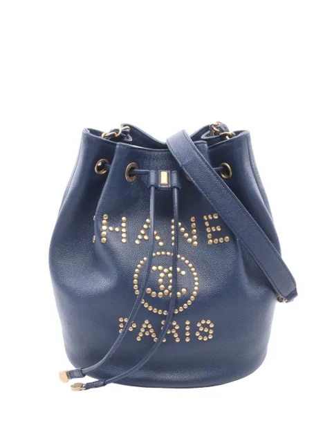 CHANEL Pre-Owned 2019 Caviar Deauville Drawstring bucket bag Blue 5DJF48SS7VAP3FN9