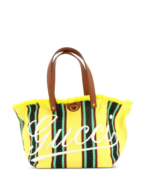 Gucci Pre-Owned Script Open Embroidered Stripe Canvas with Leather Medium tote bag Multicolour W7UCTRNRND5RE6PB