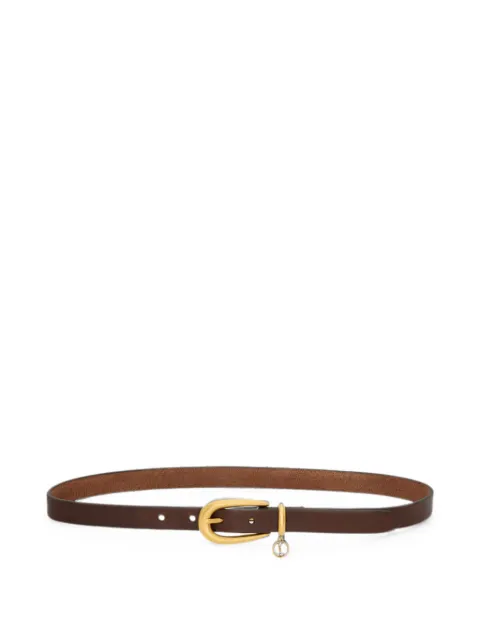 Saint Laurent Cassandre charm elongated buckle thin belt in leather Brown A002NLAAGLS