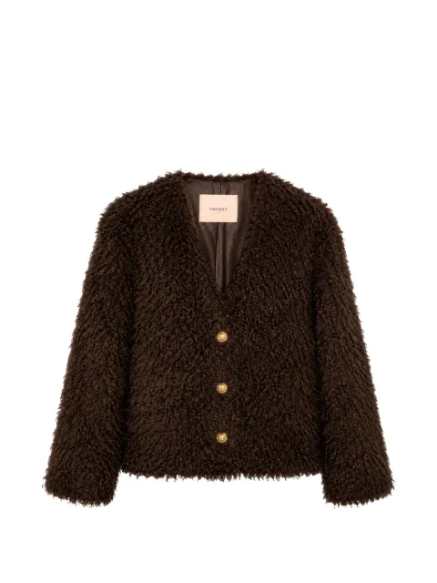 TWINSET bouclé-knit V-neck jacket Brown 262TP2201
