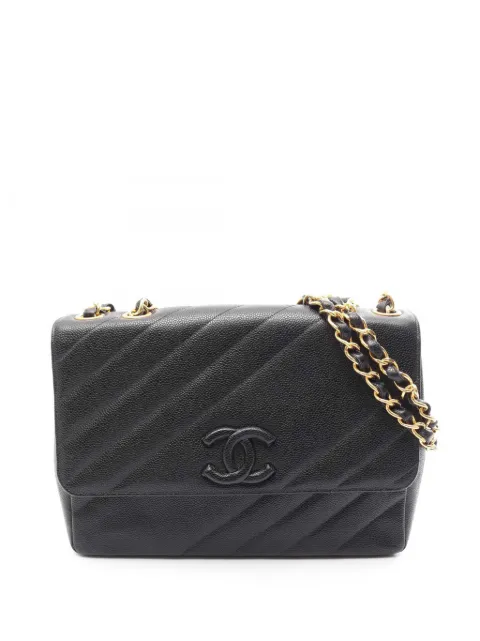 CHANEL Pre-Owned 1994-1996 Jumbo CC Diagonal Quilted Caviar Flap shoulder bag Black AGHT7E50PA7FGZFL