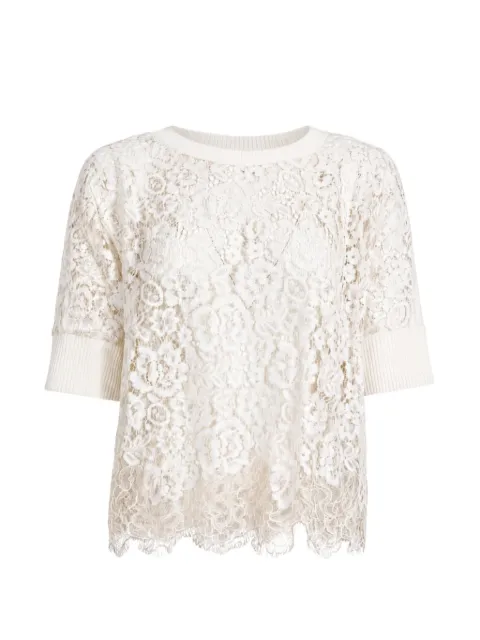 D.Exterior lace-overlay short-sleeve blouse White 62802R3AVOR