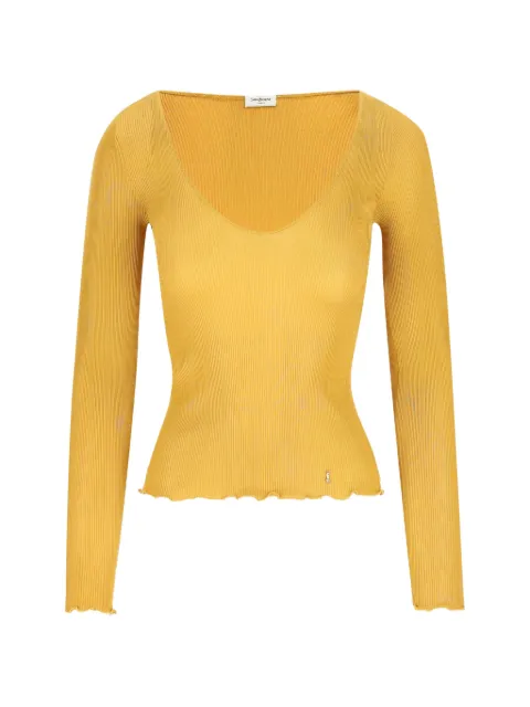 Saint Laurent Cassandre V-neck top in ribbed silk Yellow 876789Y37SM7442