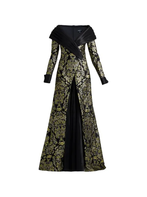 Tadashi Shoji Sorella floral-brocade pleated-collar maxi dress Black CKD26306LGOLDMU