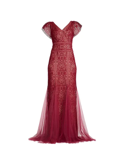Tadashi Shoji Taryn Trackwork lace-overlay maxi gown Red CKM26373L