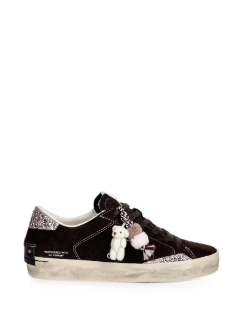 Crime London Distressed glitter-embellished suede sneakers Brown 23006AA9