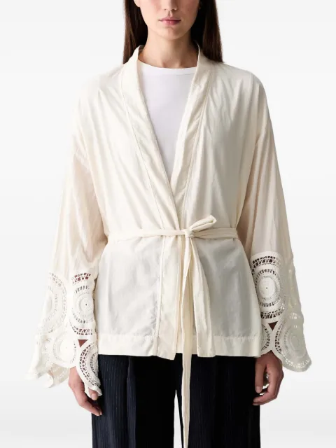 VICOLO crochet-trim belted kimono coat White TAB0752