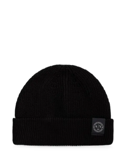 Armani Exchange logo-patch ribbed beanie hat Black XM003589AF14008