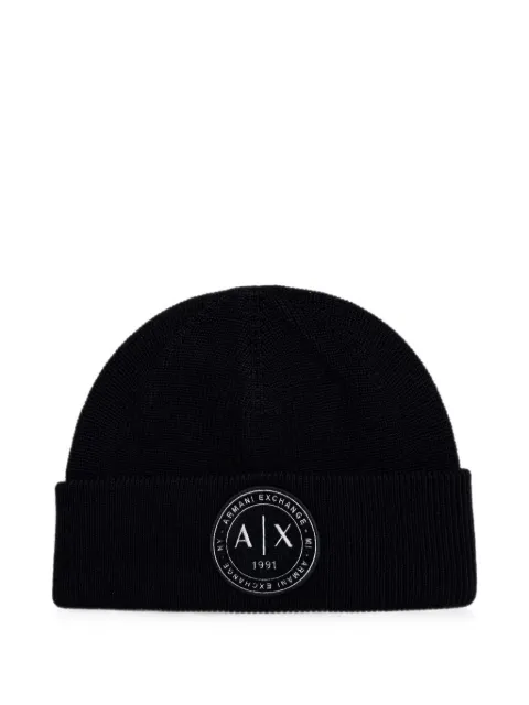 Armani Exchange logo-patch ribbed-knit beanie hat Blue XM003123AF10348