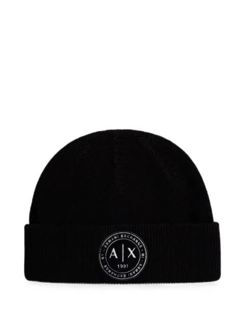 Armani Exchange logo-patch ribbed beanie hat Black XM003123AF10348
