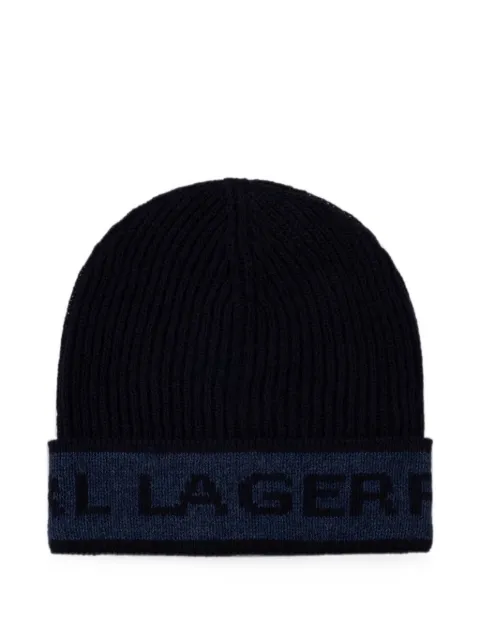 Karl Lagerfeld logo-intarsia ribbed-knit beanie hat Blue 805601564322
