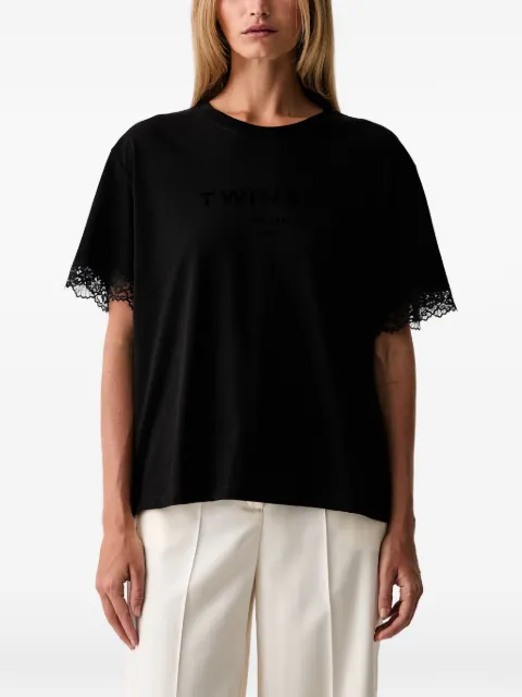TWINSET lace-trim logo-print T-shirt Black 262TP2304