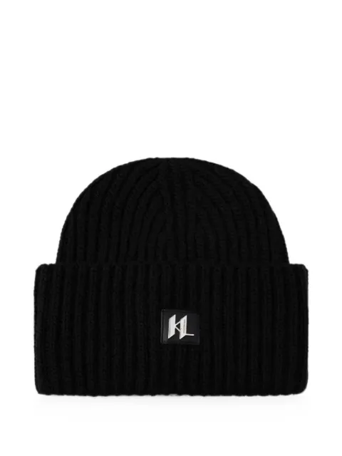 Karl Lagerfeld logo-plaque ribbed-knit beanie hat Black 805601564325