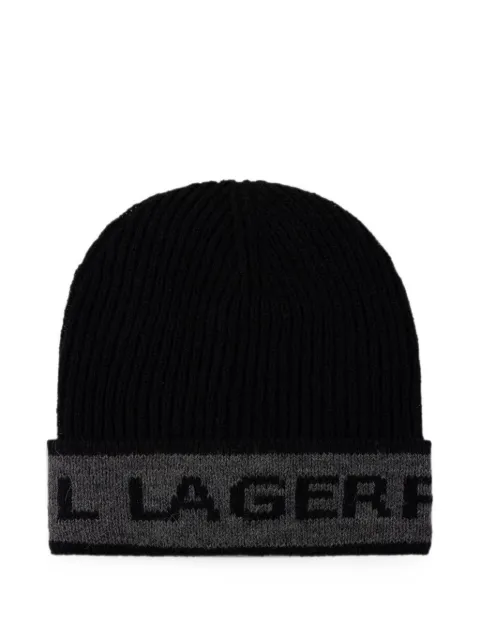 Karl Lagerfeld logo-intarsia ribbed beanie hat Black 805601564322