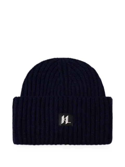 Karl Lagerfeld logo-plaque ribbed-knit beanie hat Blue 805601564325