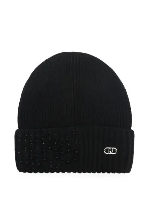 LIU JO crystal-embellished logo-plaque beanie hat Black 2F6027MAA0622222