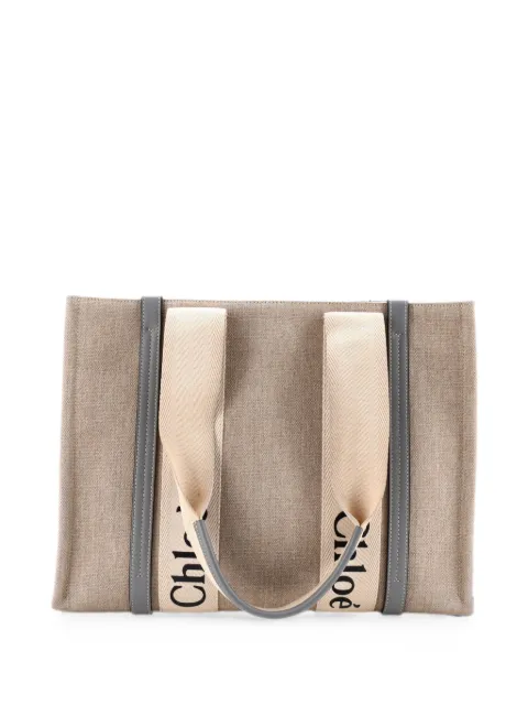 Chloé Pre-Owned Woody Canvas with Leather Medium tote bag Blue 4ZSP31XEN22WAU5Y