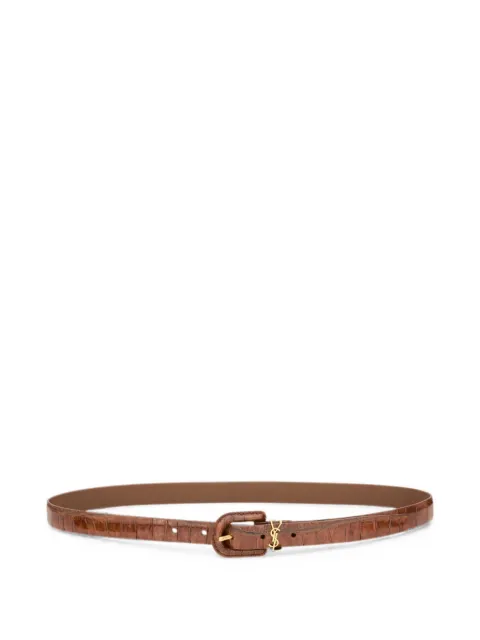 Saint Laurent Cassandre thin belt in crocodile-embossed leather Brown 848841AAF9L