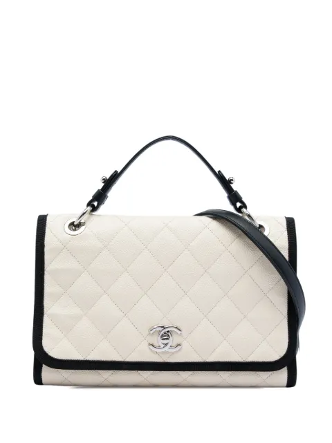 CHANEL Pre-Owned 2018 CC Bicolor Quilted Caviar and Grosgrain Top Handle Flap satchel Black GC8NF9LKG24OB9Z8