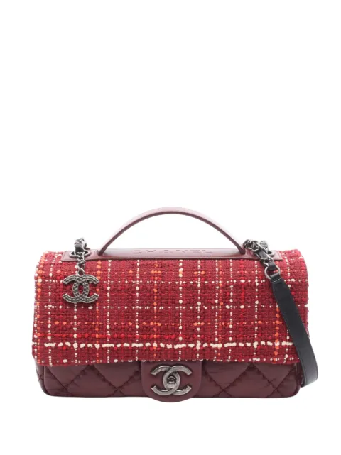 CHANEL Pre-Owned 2016-2017 Tweed Quilted Airlines Single Flap satchel Red V9KO1HFB7VIRX058