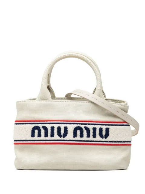 Miu Miu Pre-Owned 2010-2026 Cotton Trimmed Embroidered Canvas Logo Convertible Tote satchel White 73IBNNWPKWI7JSUU