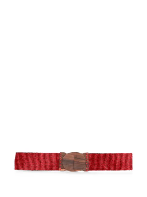 Vintage beaded wood-buckle belt Red W137266