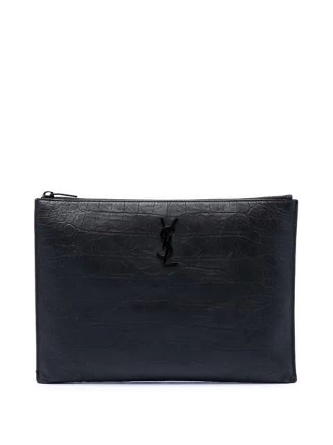 Saint Laurent Pre-Owned 2021 Croc Embossed Leather Monogram Document Holder clutch bag Black 8WI4UDTH9OGBS32Q