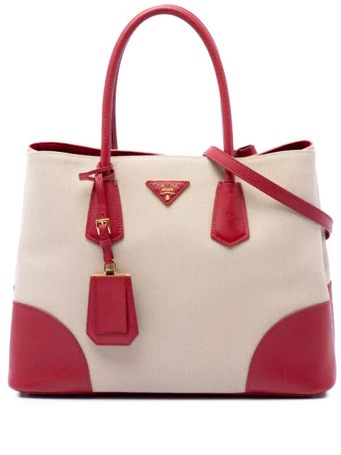 Prada Pre-Owned 2010-2026 Large Saffiano Trimmed Canapa Double satchel Neutrals V84BLIC5ZILK1ELJ