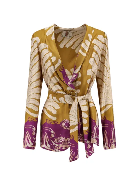 BYE FIRENZE Palma leaf-print belted blazer Yellow 6SBCD7P281043
