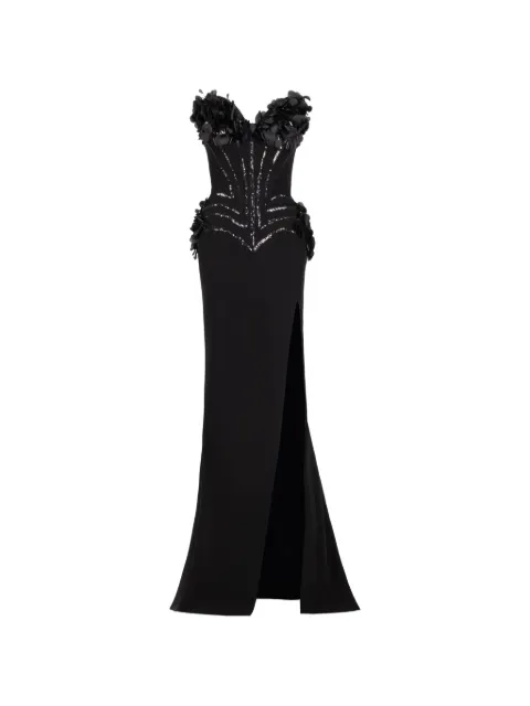Gaby Charbachy sequin-embellished floral-appliqué maxi dress Black GCS2115