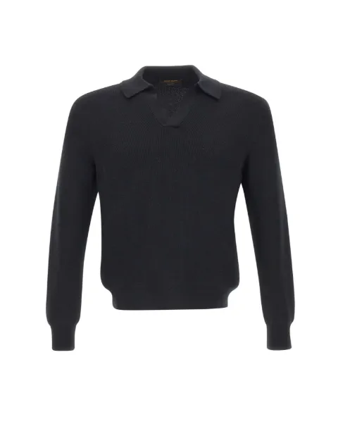 Gran Sasso ribbed-knit virgin-wool polo shirt Black 5712014263099