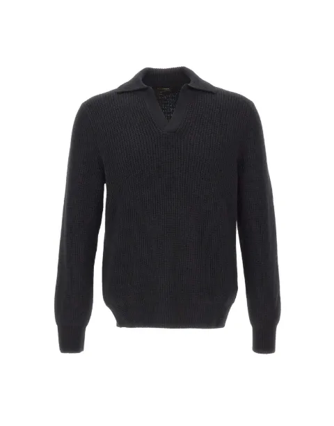 Gran Sasso ribbed-knit open-collar polo shirt Black 2316325067099