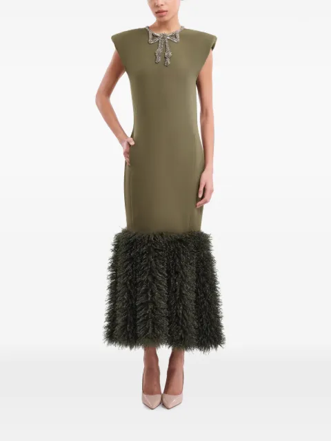 Gemy Maalouf bow-detail faux-fur hem dress Green GMPF267909MD
