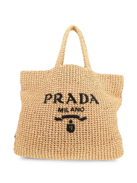 Prada Pre-Owned logo-embroidered raffia tote bag Neutrals 413274