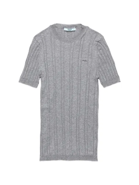 Prada short-sleeved ribbed-knit cotton sweater Grey P24G3TSOOO17WK