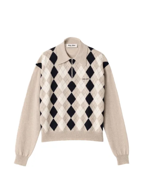 Miu Miu argyle-intarsia quarter-zip sweater Neutrals MML08BSOOO6033F0006