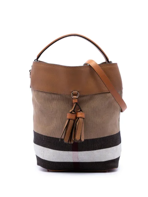 Burberry Pre-Owned 2000-2017 Medium Mega Check Canvas and Grained Calfskin Ashby Tassel Bucket Bag satchel Brown QM5BTP9DPLSC6NTG