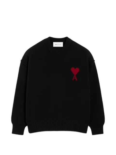AMI Paris black crew neck wool sweater with Ami de Coeur Black UKS838KN018
