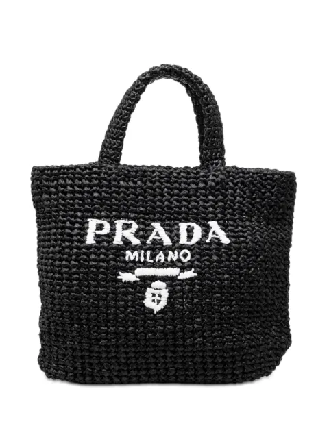 Prada Pre-Owned 2013-2026 Small Raffia Effect Crochet Embroidered Logo tote bag Black TWKLLV60ECJK2XAG