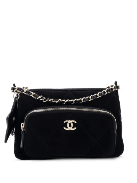 CHANEL Pre-Owned 25 With Chain Quilted Velvet Effect Nylon and Shiny Crumpled Calfskin Mini clutch bag Black CZRJWPCB452PL458