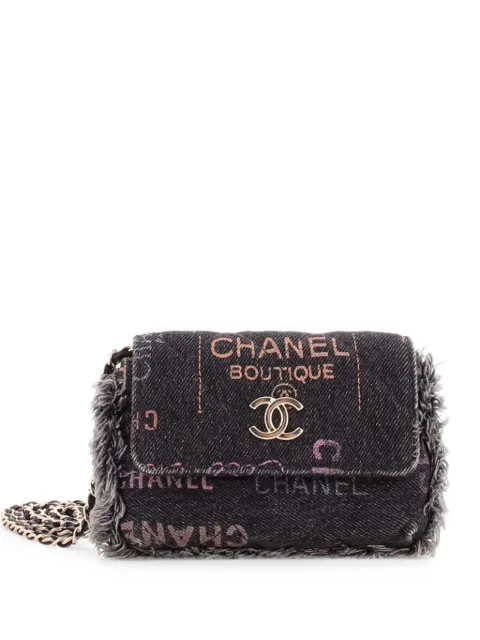 CHANEL Pre-Owned Denim Mood Flap Clutch with Chain Logo Printed Quilted Fringe Denim crossbody bag Black CDDL18HYYOWJCPJ4
